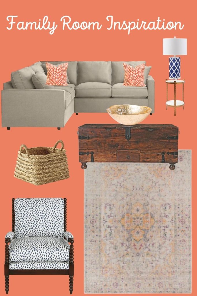 Family room deisgn orange beige oriental rug