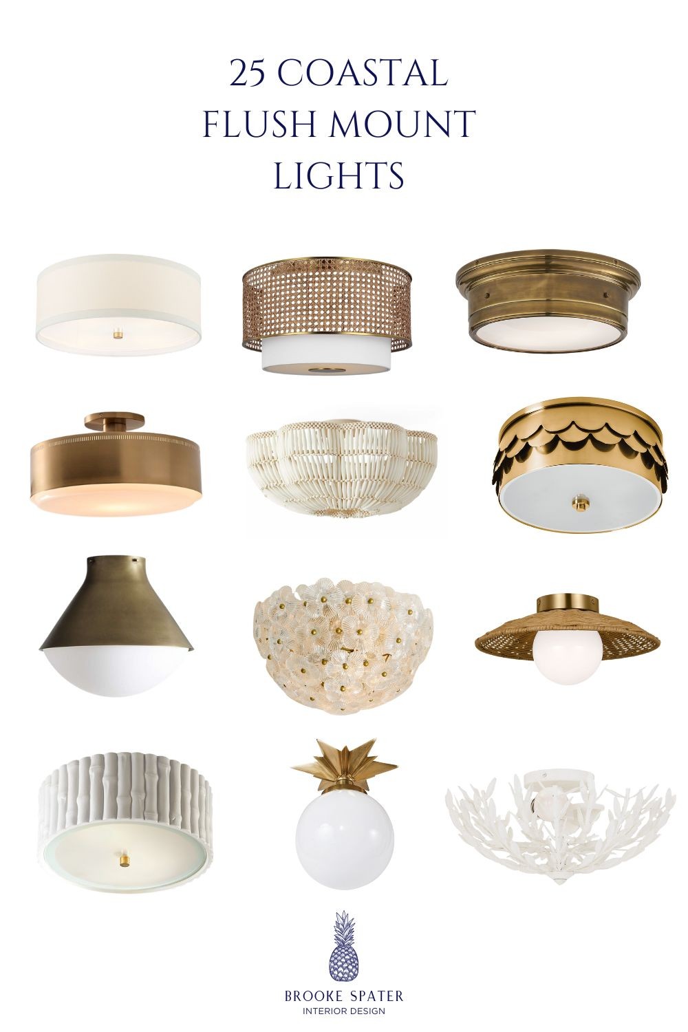 coastal flush mount lights in brass, rattan, and glass styles arranged in a grid