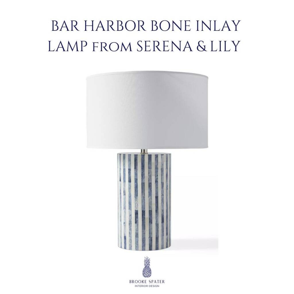 Bar Harbor bone inlay table lamp by Serena & Lily with blue and white striped base and white shade