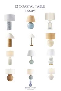 Coastal table lamps in neutral tones with ceramic, woven, and textured bases arranged in a grid