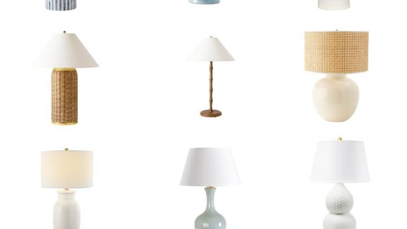 Coastal table lamps in neutral tones with ceramic, woven, and textured bases arranged in a grid