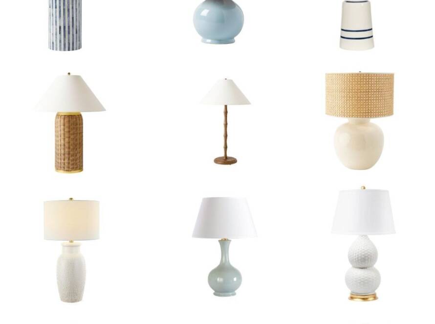 Coastal table lamps in neutral tones with ceramic, woven, and textured bases arranged in a grid