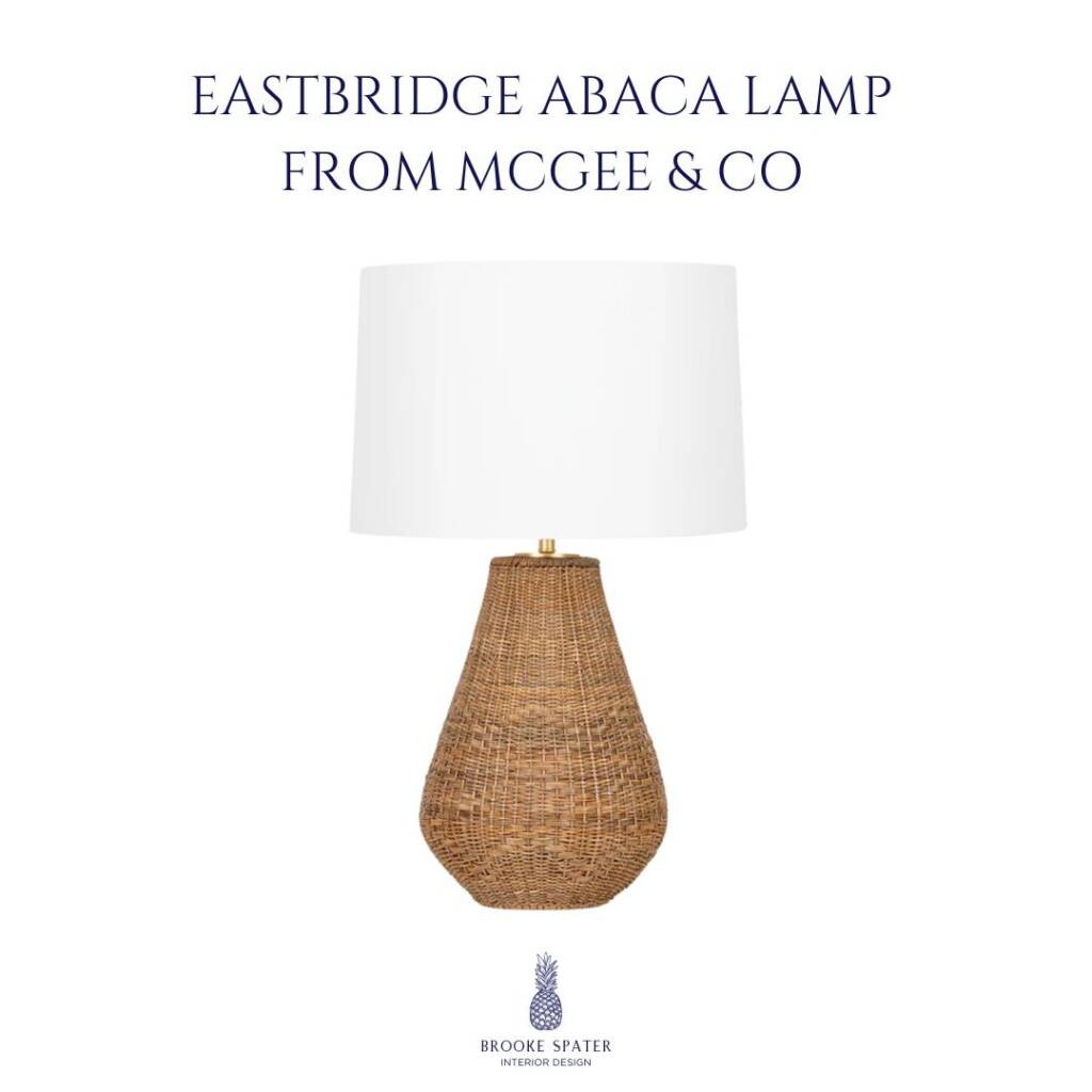 Eastbridge abaca table lamp by McGee & Co. with woven natural fiber base and white shade in coastal style