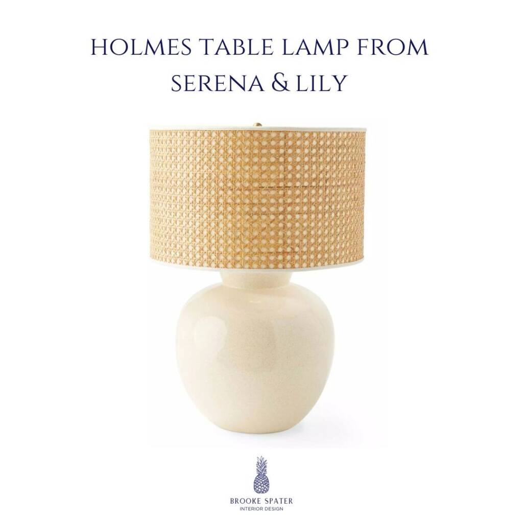 Holmes table lamp by Serena & Lily with ceramic base and woven rattan shade in neutral coastal style