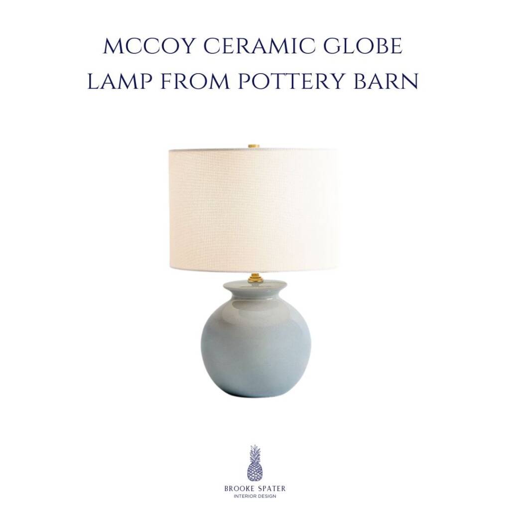 McCoy ceramic globe table lamp from Pottery Barn with blue base and white shade in coastal style