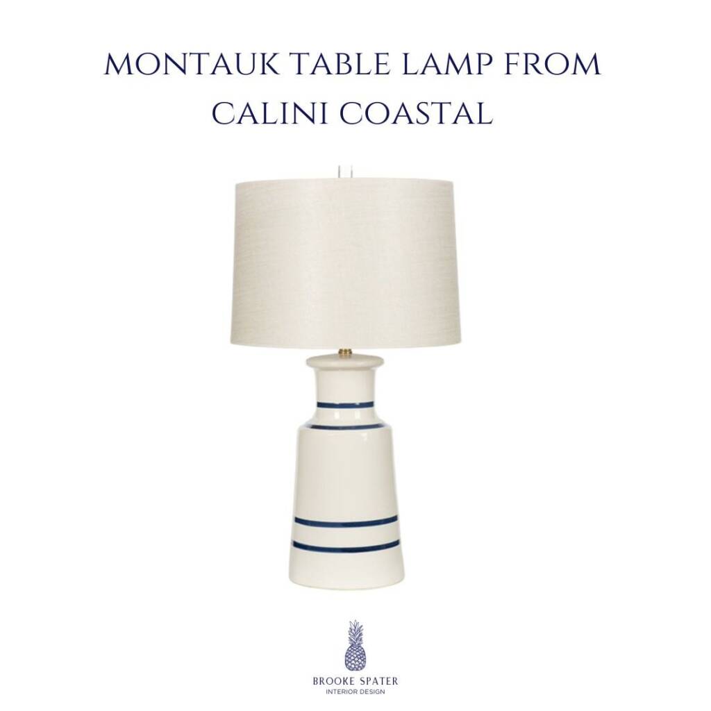 Montauk table lamp by Calini Coastal with white ceramic base and blue stripe detail in classic coastal style