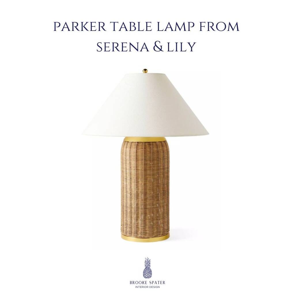 Parker table lamp by Serena & Lily with woven rattan base and white shade in modern coastal style