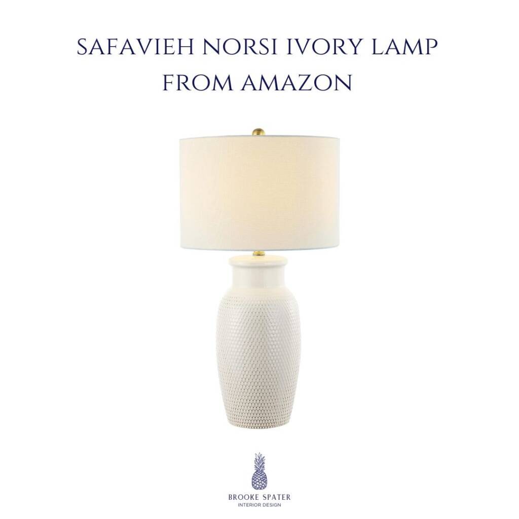 Safavieh Norsi ivory ceramic table lamp from Amazon with textured base and white shade in coastal style