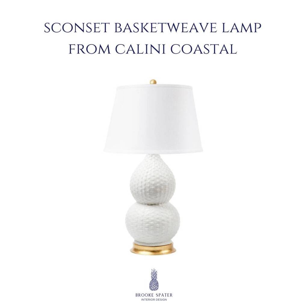 Sconset basketweave table lamp by Calini Coastal with textured white base and white shade in coastal style