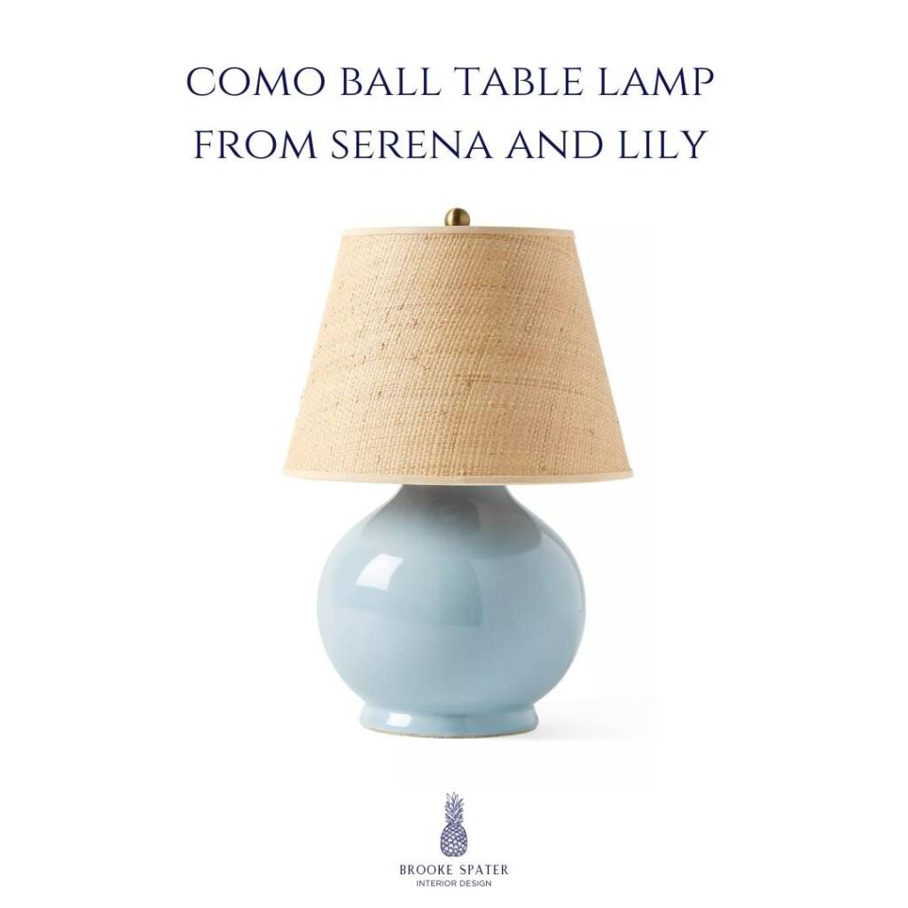 Como Ball Table Lamp by Serena and Lily in soft blue ceramic with woven shade, coastal style table lamp for beach house decor