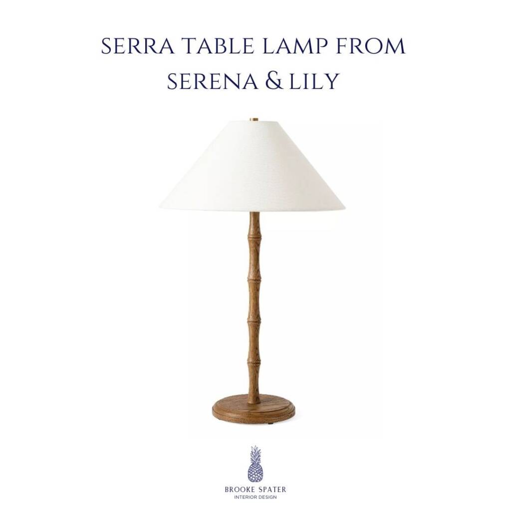 Serra table lamp by Serena & Lily with wood base and white shade in relaxed coastal style